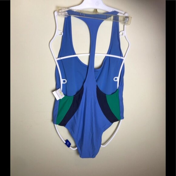 AERIE NEW Swim Suite Racerback Swimming One Piece Stretch Colour Block Blue XL - Picture 2 of 9